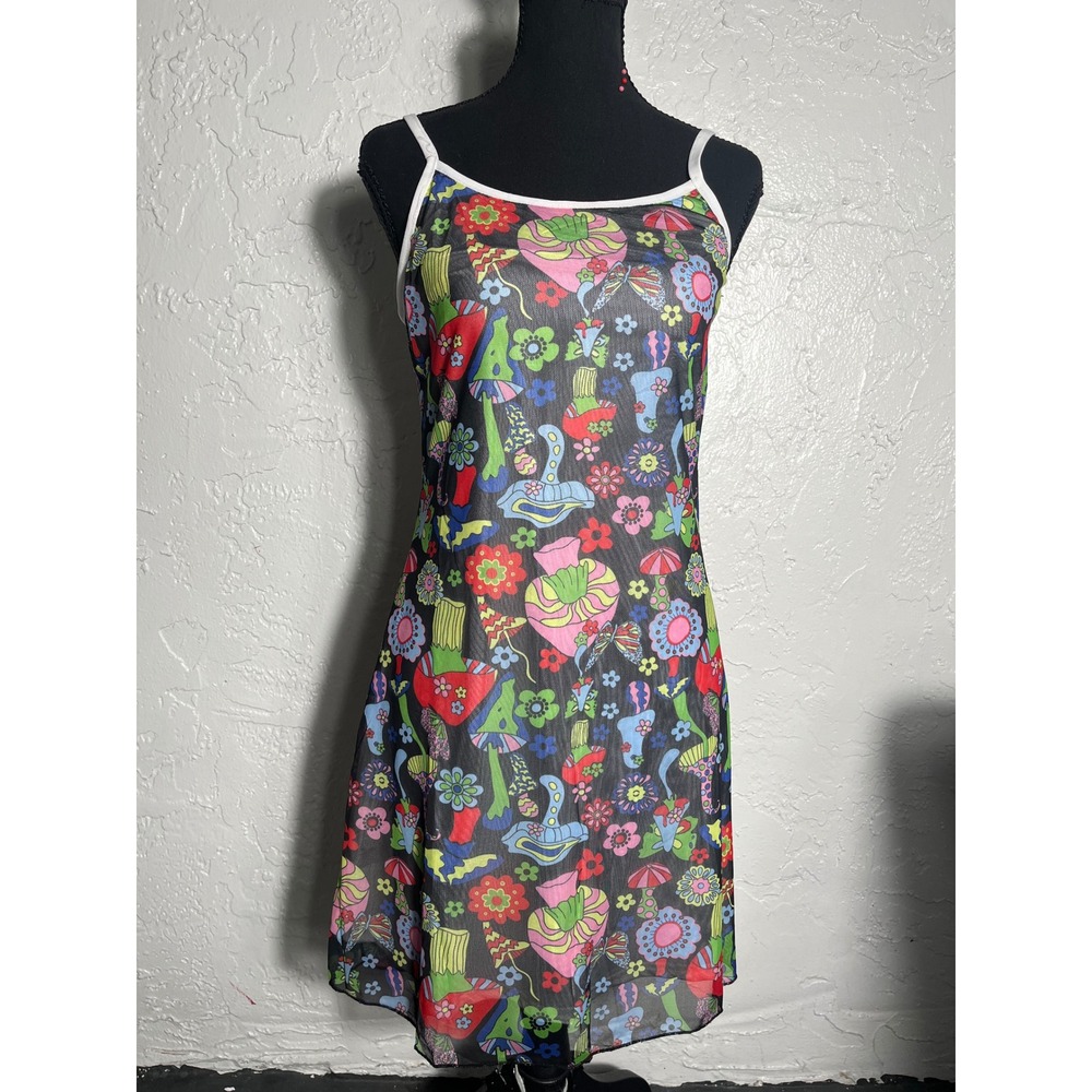 WoWo Size M Psychedelic Floral Mushroom Mesh Slip Midi Dress Y2K